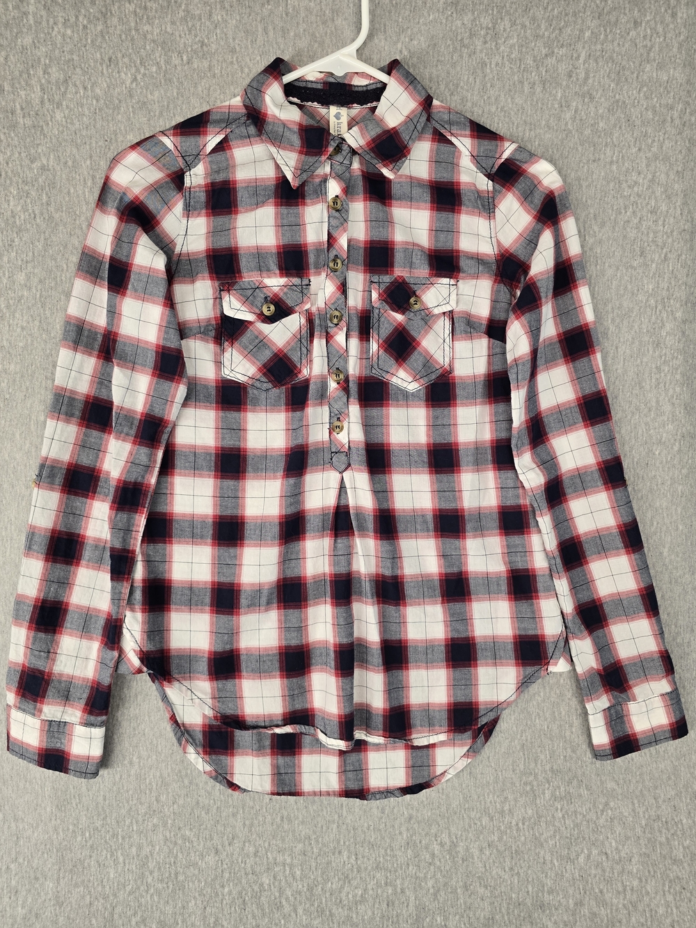 Girl Krazy Plaid Cotton Long‎ Sleeve Collared 3/4 Button-Up Shirt Pockets XS